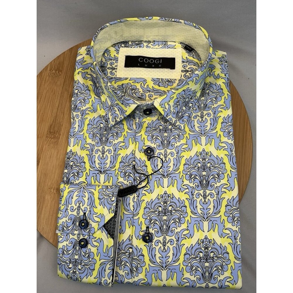 Coogi Luxe Button Up Large Mens Long Sleeve Flip Cuff Yellow Blue